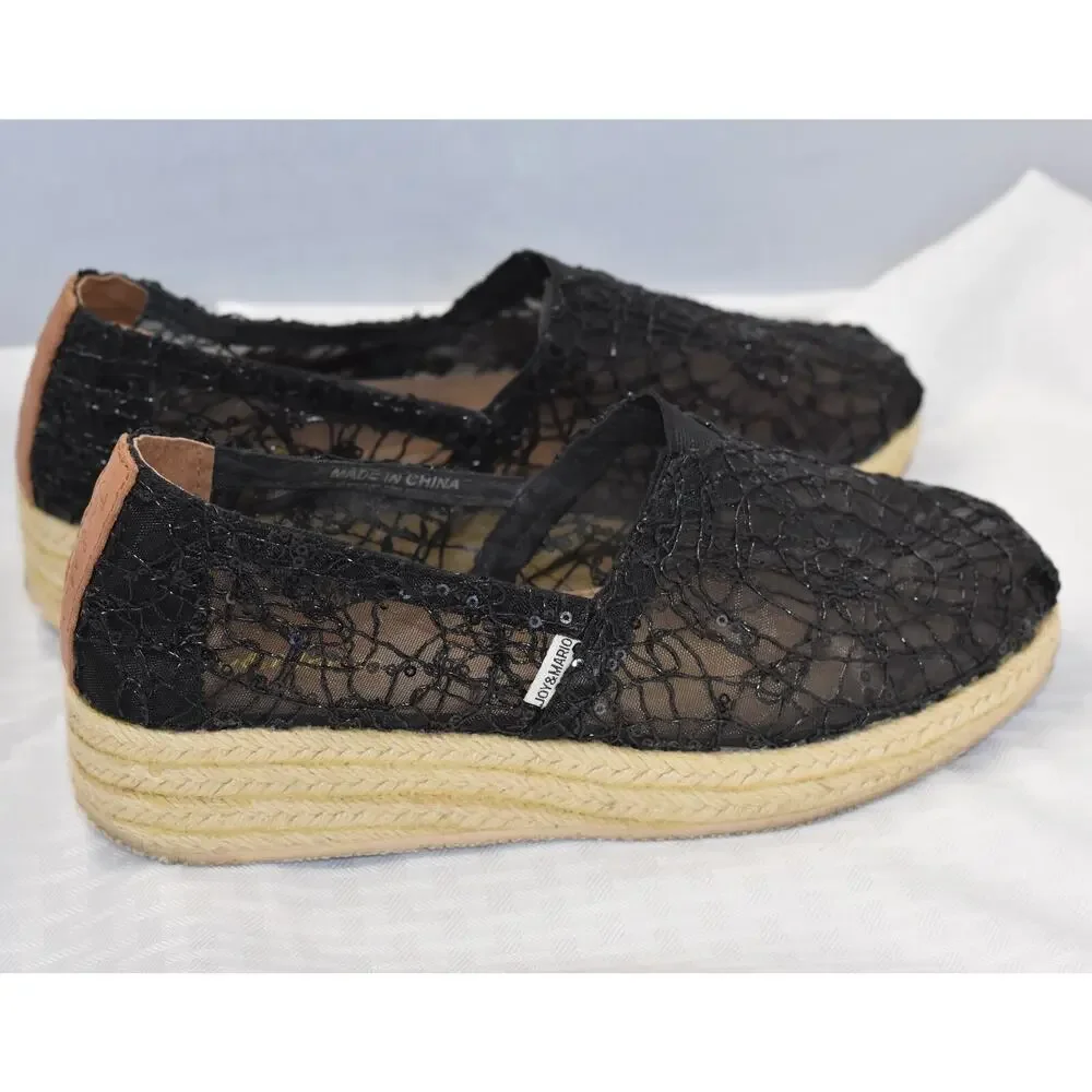 JOY & MARIO Mesh Sequin Espadrilles Wedge Heel Platform Shoes Size 7